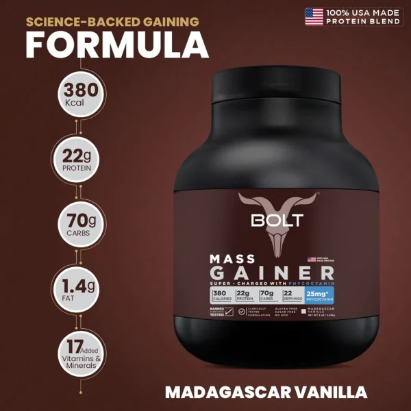 Bolt Mass Gainer Super-Charged With Phycocyanin For Muscle Gainer & Weight Gain Objectives | 5 lb, 2.68 kg